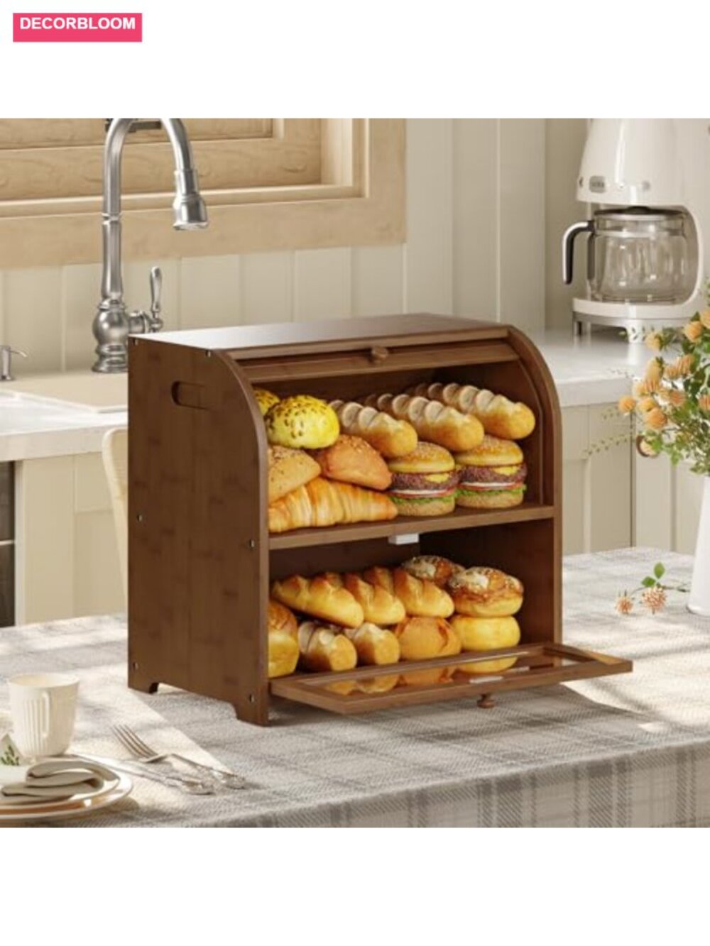 Bamboo 2-Tier Roll-Top Bread Box Storage for Kitchen Countertop - Picture 4 of 6